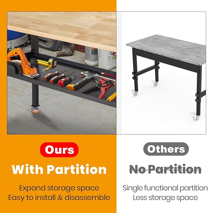 48"/60'' Adjustable Workbench, Rubber Wood Work Bench Heavy-Duty with Partition,2000 LBS Load Capacity Hardwood Work Table for Garage, Workshop, Home, Office, Easy Assembly (w/partition,48'')-VerdiqueGarden