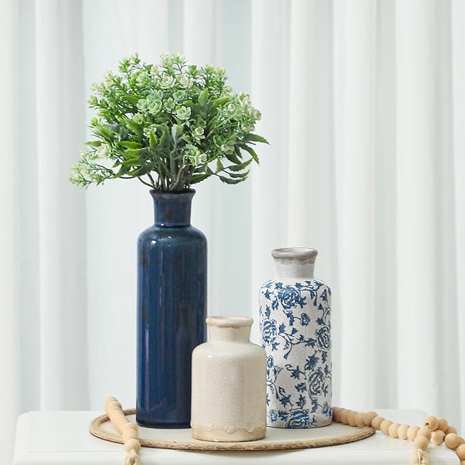 Ceramic Vintage Vases Set of 3, Blue and White Flower Decorative Vase Chinoiserie Decor Rustic Farmhouse Retro Floral Vases for Table Bookshelf Mantel Kitchen Living Room Office-VerdiqueGarden