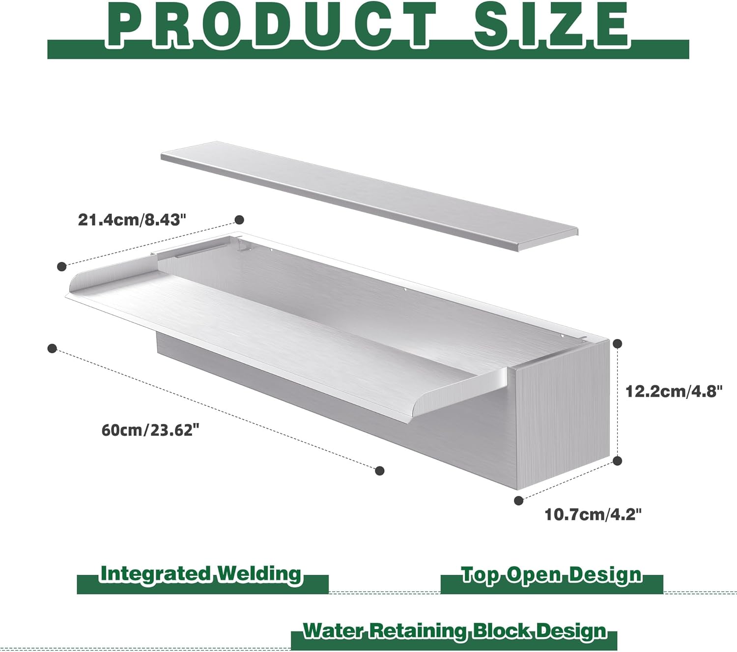 Waterfall Pool Fountain LONGRUNNEW 304 Stainless Steel 23.6" Rectangular Waterfall Spillway, Water Fall Fountain with Pipe Connector for Garden Outdoor, Swimming Pools, Fountains, Pond and Spa-VerdiqueGarden