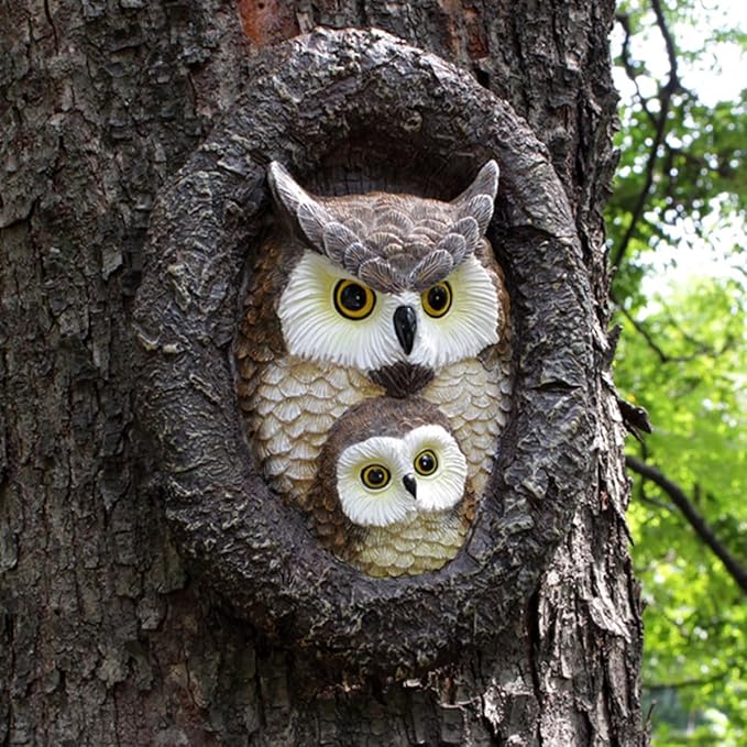 Owl Tree Hugger Whimsical Tree Sculpture Garden Statues Outdoor Tree Face Decor Garden Peeker Yard Art Decorations (Mom and Baby Owl)-VerdiqueGarden