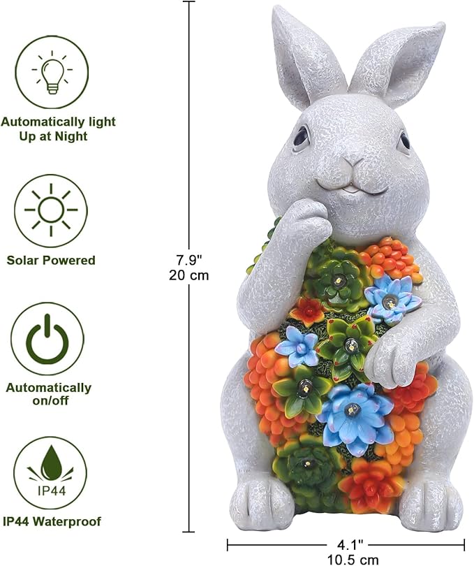 Nacome Solar Garden Outdoor Statues Bunny with Succulent and 7 LED Lights – Lawn Decor for Patio, Balcony, Yard Ornament - Unique Housewarming Gifts-VerdiqueGarden
