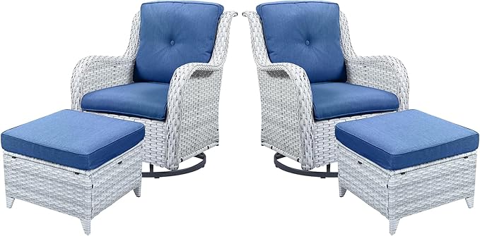 4 Pieces Patio Furniture Sets, Wicker Patio Swivel Glider Chair with Ottomans, Outdoor Furniture Set for Outside Porch Deck Balcony, Light Grey-VerdiqueGarden