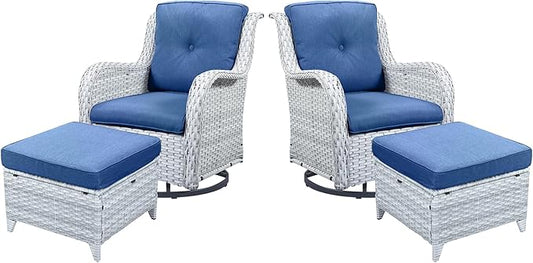 4 Pieces Patio Furniture Sets, Wicker Patio Swivel Glider Chair with Ottomans, Outdoor Furniture Set for Outside Porch Deck Balcony, Light Grey-VerdiqueGarden