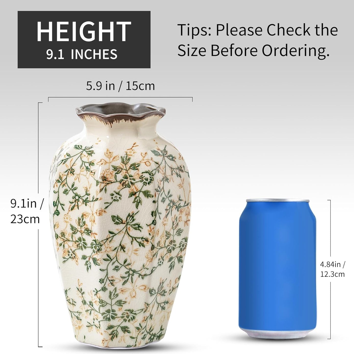 Vintage Pastoral Octagonal Vase, Green and Beige Retro Ceramic Flower Vase, Rustic Farmhouse Vases Chinoiserie Floral Large Vase for Home Decor, Living Room, Kitchen, Bedroom and Shelf 9.1 Inch-VerdiqueGarden