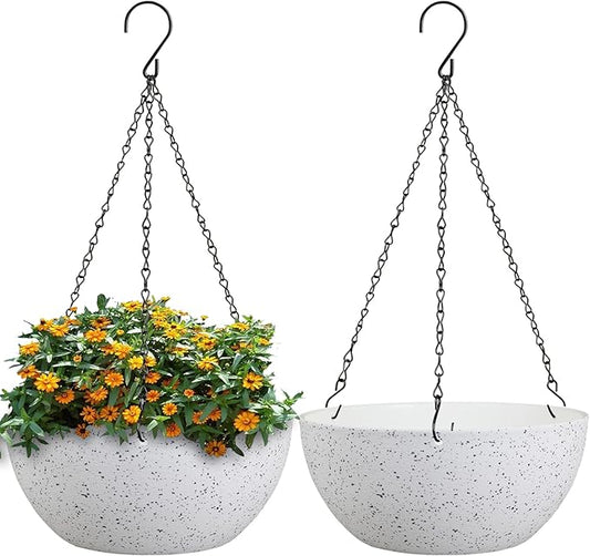 10 inch Hanging Planters for Outdoor Indoor Plants with Drainage Holes and Chain, 2 Pack Round Hanging Flower Plant Pots for Garden Home Porch Decor, Speckled White-VerdiqueGarden