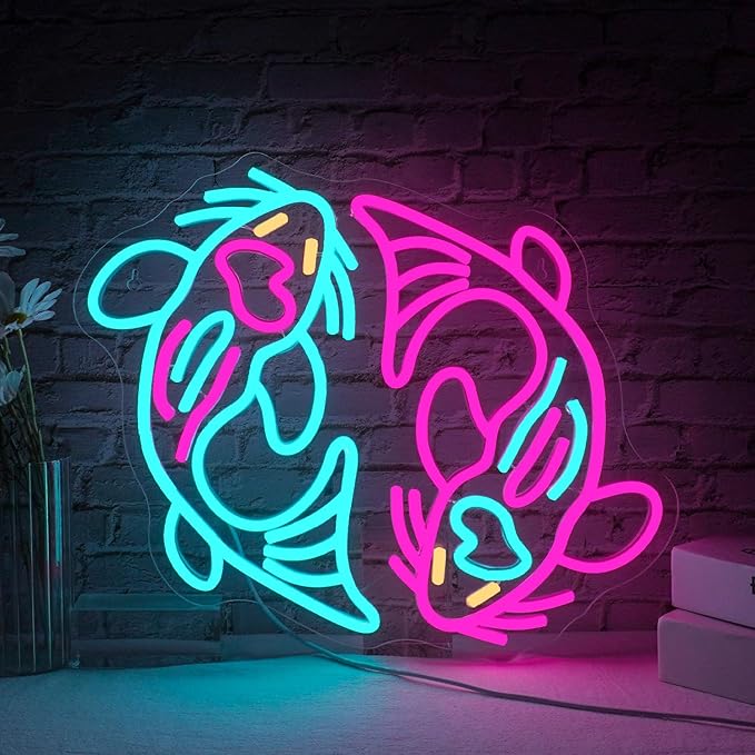 WLHOPE Koi Fish Neon Sign for Wall Decor Koi Carp Neon Light Fish Neon Signs Dimmable Neon Lights Blue Pink Fish LED Light Up Sign for Bedroom Bar Restaurant Office Fishroom Koi Pond-VerdiqueGarden