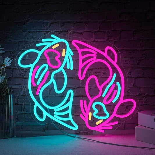 WLHOPE Koi Fish Neon Sign for Wall Decor Koi Carp Neon Light Fish Neon Signs Dimmable Neon Lights Blue Pink Fish LED Light Up Sign for Bedroom Bar Restaurant Office Fishroom Koi Pond-VerdiqueGarden