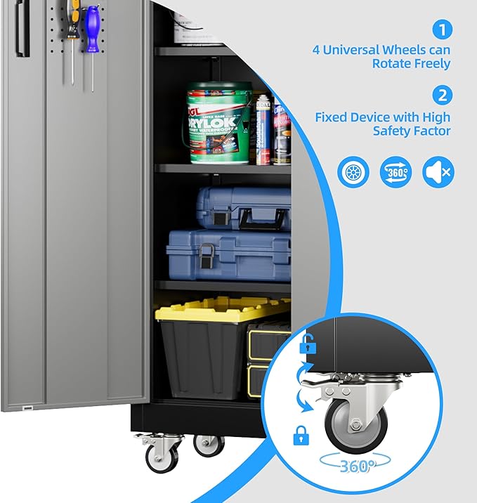 71" H×32" W×16" D Garage Storage Cabinet with Wheels & Pegboard, Locking Metal Storage Cabinet with Doors and 5 Adjustable Shelves & & 4 Hooks for Garage Warehouse Home Office, Black and Gray-VerdiqueGarden