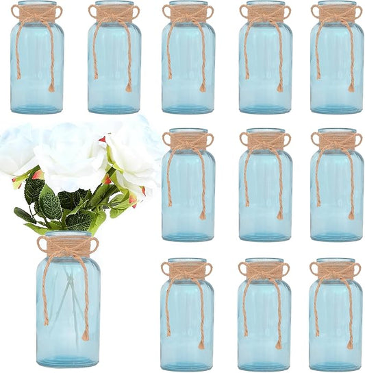 Vintage Glass Flower Vase，12 Pack Blue Farmhouse Glass Centerpiece Vases Mason Jars for Weddings, Parties & Home Decor Bulk (12, Blue)-VerdiqueGarden