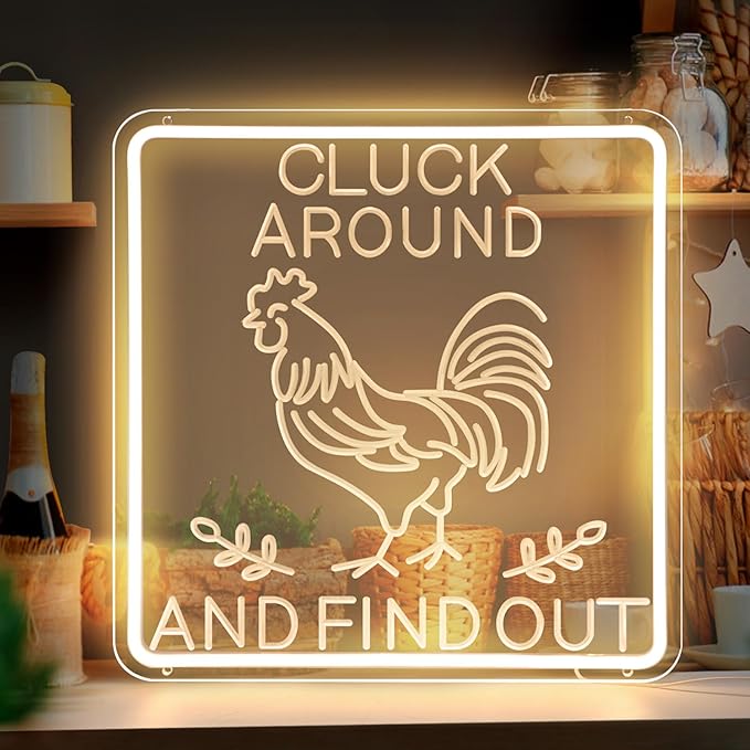 Funny Cluck Around and Find Out Large Neon Sign Dimmable, Rooster Decor 16 X 16 Inch Kitchen Decor for Farmhouse, Chicken Coop, Garden, Farm House Decoration, Rooster Gifts-VerdiqueGarden