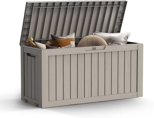 Mars Villa 72 Gallon Deck Box, Outdoor Storage Box Waterproof, Outside Resin Storage Bin for Patio Furniture Cushions, Pool Supplies, Garden Tools, UV-Resistant and Weatherproof, with 4 Wheels, Greige-VerdiqueGarden