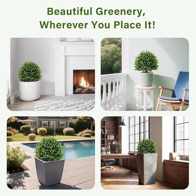 24" Artificial Cedar Topiary Ball Bushes, Set of 2 UV Resistant Fake Trees Outdoor Shrubs with Ground Spike, Weatherproof Faux Plants for Planter, Front Porch, Garden, Yard, Patio Decor-VerdiqueGarden