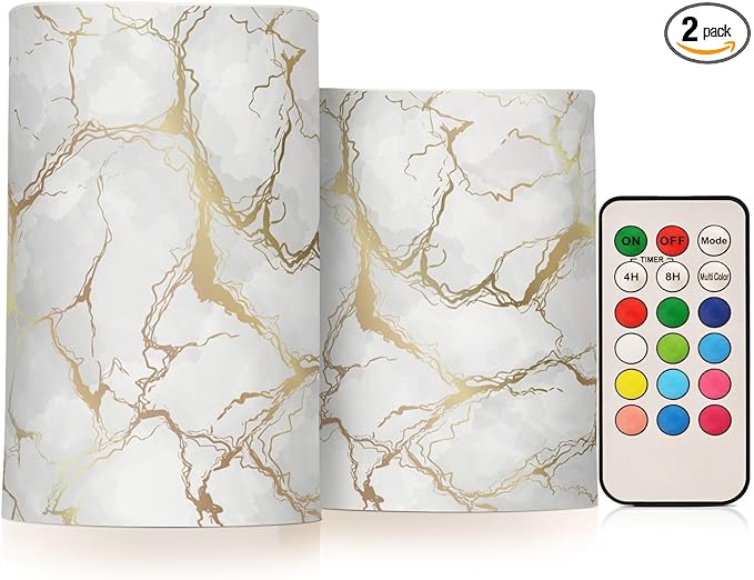 Flickering Flameless Candles, Marble Gray White Golden Texture LED Candles with Remote Timer, Set of 2 Battery Operated Candle for Valentine Wedding Birthday-VerdiqueGarden