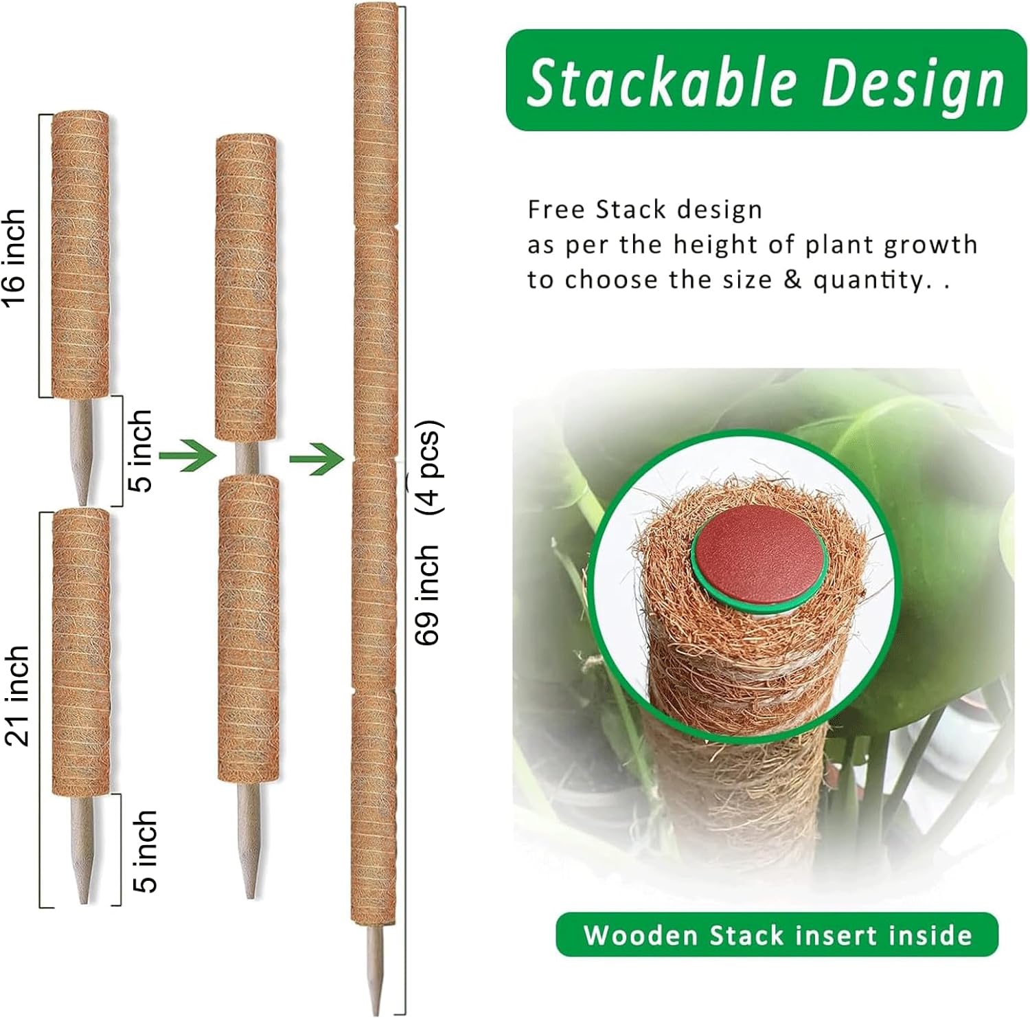 Moss Pole, 4Pack 21 Inch Plant Support Stakes for Indoor Plants, Monstera Plant Support Stakes, 69 Inch Tall Coir Plant Pole Sticks for Potted Plants, Pothos, Philodendron, Climbing Plants Accessories-VerdiqueGarden