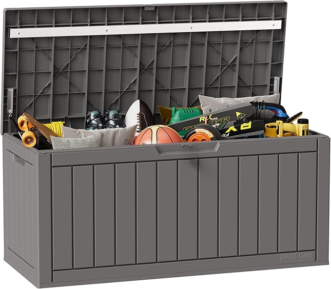 EAST OAK Outdoor Storage Box, 90 Gallon Deck Box, Waterproof Resin Storage Bin for Patio Cushions, Gardening Tools, Lockable, UV Resistant, Grey-VerdiqueGarden