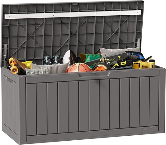 EAST OAK Outdoor Storage Box, 90 Gallon Deck Box, Waterproof Resin Storage Bin for Patio Cushions, Gardening Tools, Lockable, UV Resistant, Grey-VerdiqueGarden