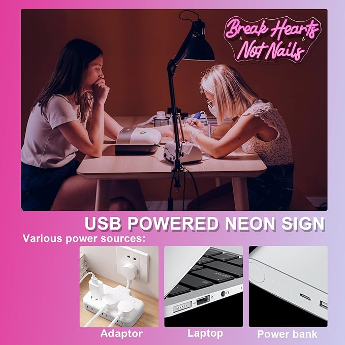 Break Heart Not Nails Neon Sign for Wall Decor,Neon Light Pink LED Neon Light for Bedroom Nails Salon Beauty Room Shop Decoration Gift-VerdiqueGarden