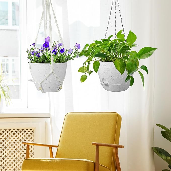10 inch Self Watering Hanging Planters, 2 Pack Hanging Baskets for Indoor Outdoor Plants, Hanging Flower Pots with Drainage Holes and 2 Kinds of Plant Hangers for Garden Decor, Speckled White-VerdiqueGarden