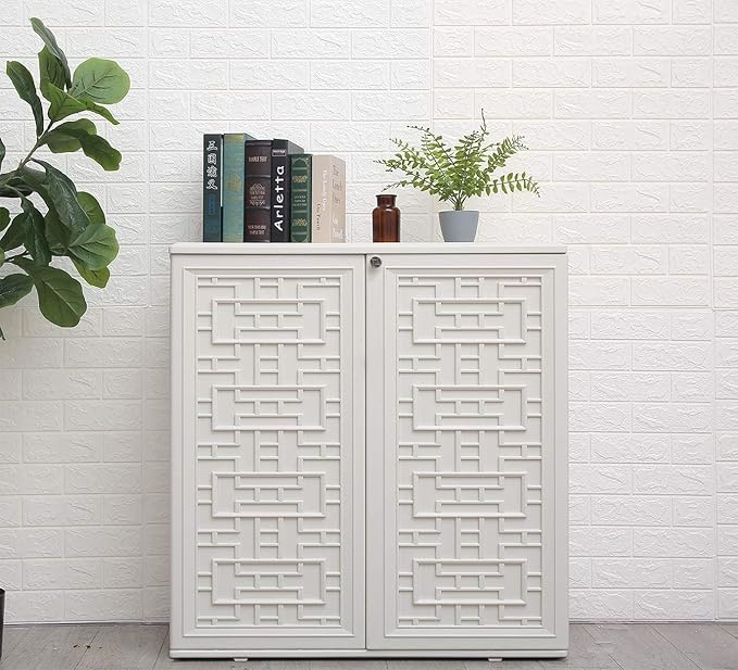 HOMSPARK Indoor/Outdoor Storage Cabinet with Doors and Shelf, 34”x16”x36” HDPE Plastic Storage Box for Patio, Bedroom, Bathroom, Living Room, Balcony, Multi-Purpose for Daily Tools, White-VerdiqueGarden