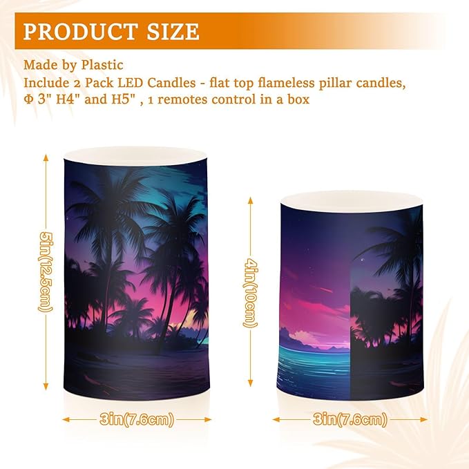 Flickering Flameless Candles, Palm Tree Beach Tropical LED Candles with Remote Timer, Set of 2 Battery Operated Candle for Valentine Wedding Birthday-VerdiqueGarden