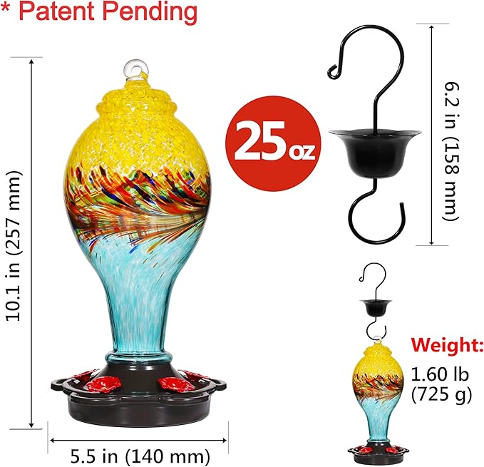 LUJII Hand Blown Glass Hummingbird Feeder for Outdoors with Ant Moat, Leak Proof & Rustproof, 25 fl.oz, Metal Base Cover with 5 Feeding Ports & Perches, Glass Art for Garden Decor (Blue Mixed Yellow)-VerdiqueGarden