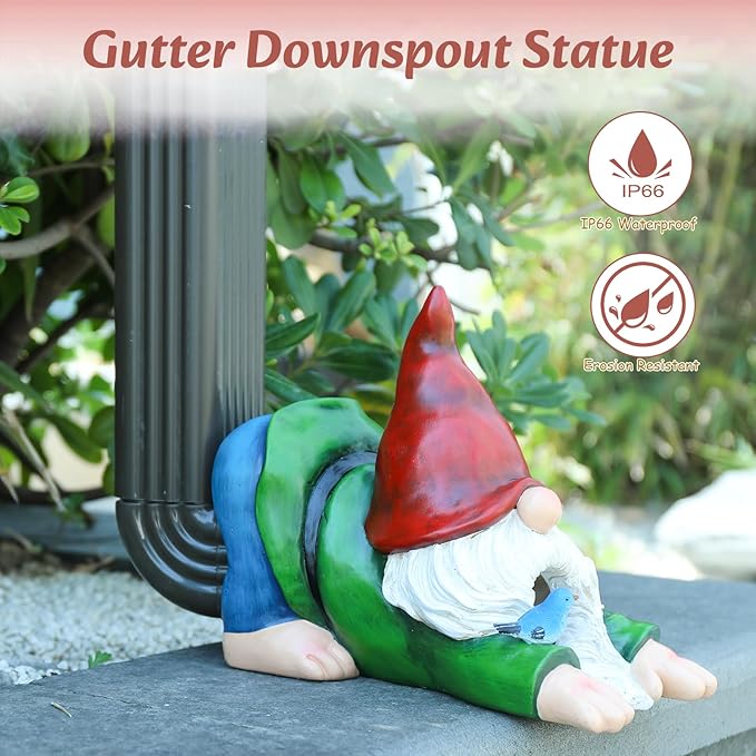 WONDER GARDEN Gnome Gutter Downspout Extensions - 3'' x 4'' Decorative Downspout Extender Diverter, Outdoor Splash Block Sculpture Garden Decor, Waterproof Gutter Guard for Lawn, Garden, Lawn-VerdiqueGarden