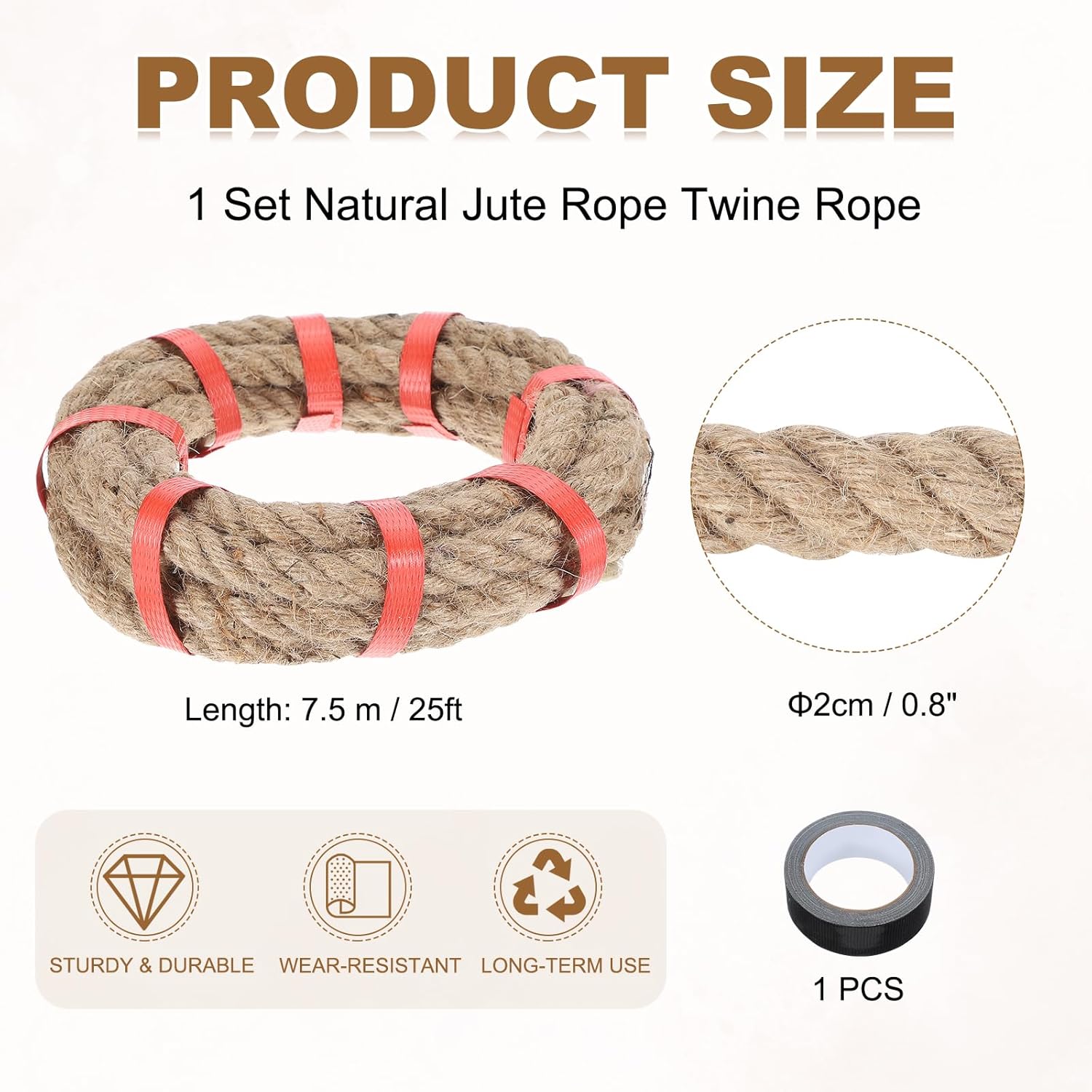 MECCANIXITY Jute Rope 0.8 Inch x 25ft, Thick Twine Rope Ropes Braided Jute Twine Natural Brown Burlap Cord String Heavy Twisted with Tape for Decorative Crafts Railing Swing Tug of War-VerdiqueGarden