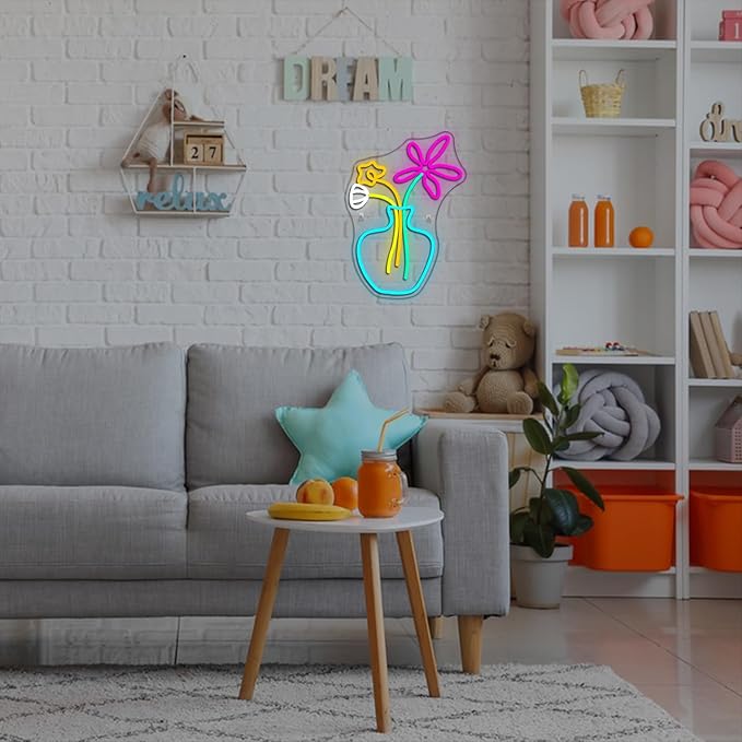 Flower Vase Neon Sign,Dimmable Neon Lights,Neon Flowers Sign for Wall Decor,Anime Flower Shape USB Connectivity Light Up Neon for Kids Room Girls Room Bar Birthday Party-VerdiqueGarden