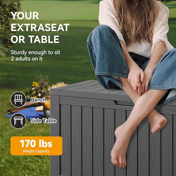 KAMABOKO Deck Box, 75 Gallon Resin Indoor and Outdoor Storage Boxes Waterproof for Garden Tools, Pool Accessories Storage Bench, Patio Furniture and Cushions with Lockable Lid, Black-VerdiqueGarden