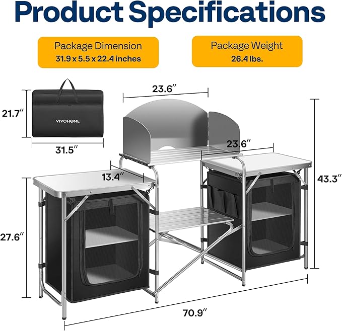 VIVOHOME Folding Camping Kitchen Station Table with Storage Organizer, 2 Side Tables, Stainless Steel Windscreen, Outdoor Portable Cook Station for BBQ, Picnics-VerdiqueGarden