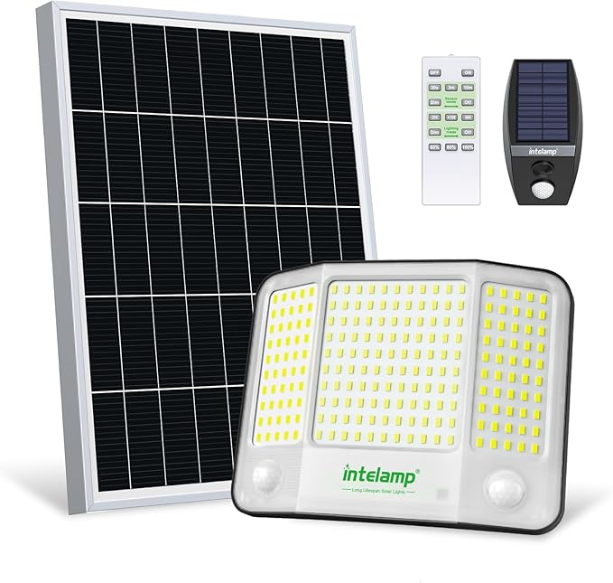 intelamp Solar Flood Lights Outdoor Waterproof, 20000mAh 4000LM Linkable Dual Motion Sensor Security Floodlight Exterior with Remote 16.4 FT Cable, 2-12H Dusk to Dawn Spots Lighting Outside-VerdiqueGarden