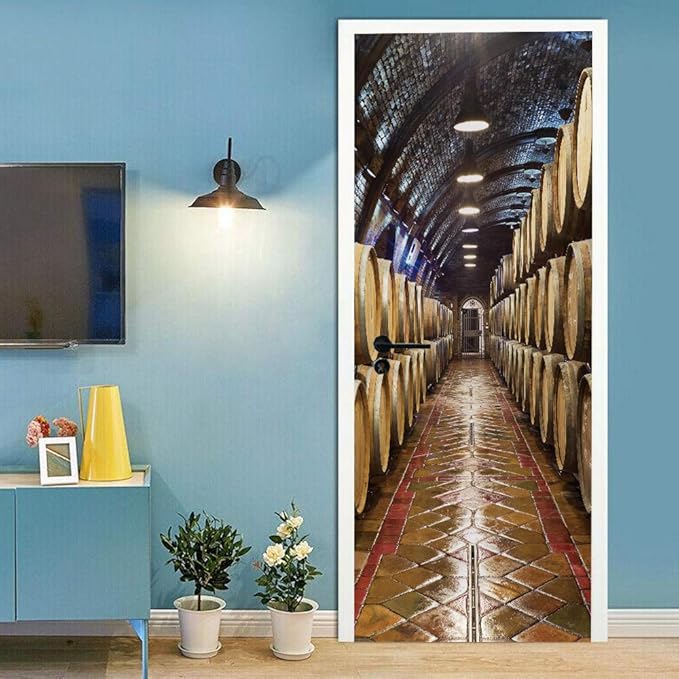 3D Door Stickers - Murals & Decals - Wine Cellar Theme - Peel & Stick, Waterproof, Removable - PVC - 37.4" x 84.6" for Bedroom & Living Room Doors-VerdiqueGarden