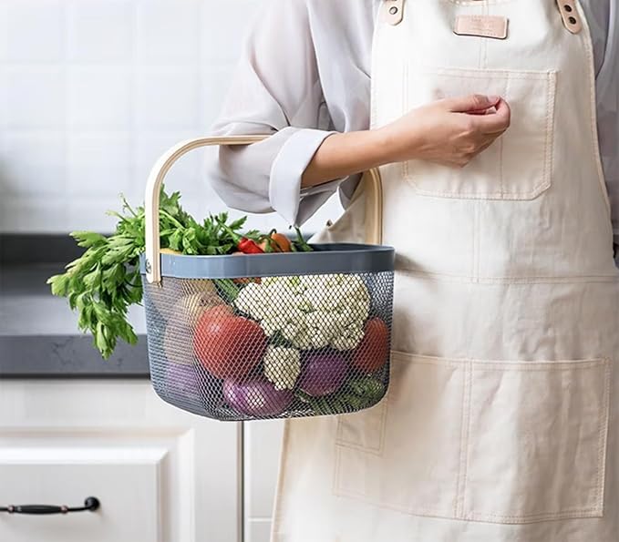 Metal Mesh Steel Basket, Storage Organizer Basket Multi-functional Hanging Kitchen Baskets Fruit Basket with Wooden Handle for Kitchen Bathroom Picnic Shopping Decor Cabinet Home, Grey-VerdiqueGarden