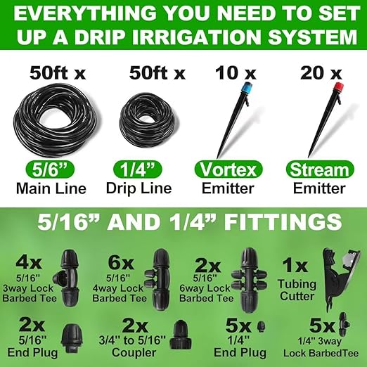Drip Irrigation System Kit,100FT Adjustable Drip Watering Plant System with 5/16" and 1/4" Irrigation Tubing Hose,Drip Emitters,Lock Barbed Tee Fittings for Garden and Raised Beds,Greenhouse,Yard,Lawn-VerdiqueGarden