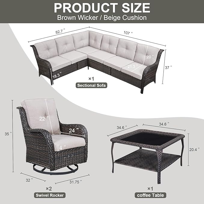 Outdoor Furniture Sectional Sofa L Shaped Couch - Patio Wicker Set with 2 Swivel Glider Chairs, 5 Piece Rattan Patio Conversation Sets with Beige Cushion for Deck Backyard Sunroom-VerdiqueGarden