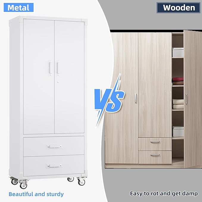 Upgraded Metal Garage Storage Cabinet with Wheels and 2 Drawers, Rolling Tool Cabinet with 3 Shelves and Pegboard Behind The Door for Home Office Garage,Assembly Required,White-VerdiqueGarden