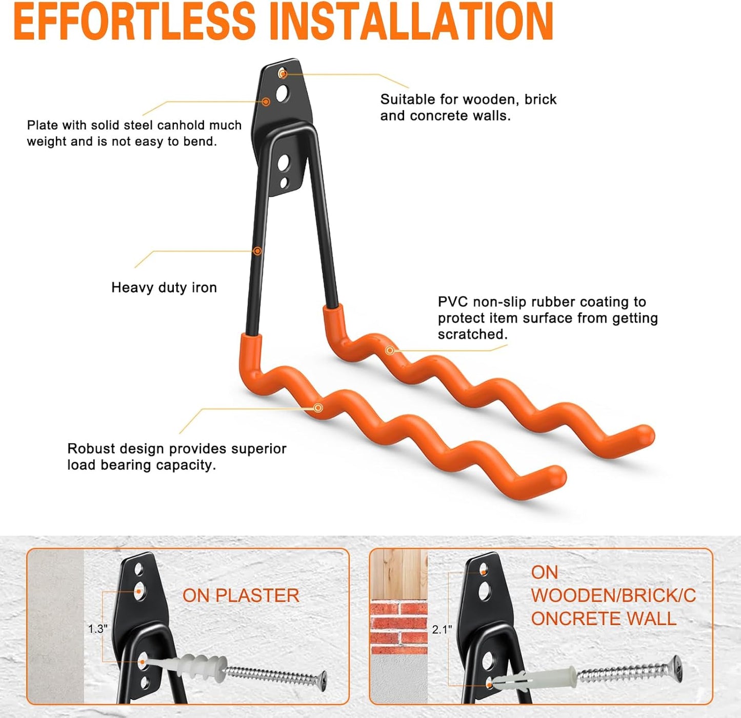 Heavy Duty Garage Hooks 4 Pack, 7.7 inch Wave Long Hanger, Wall Mounted Storage System, Power and Garden Tool Organizer, for Hanging Ladders, Bikes, Hose, Bulk Items and More-VerdiqueGarden