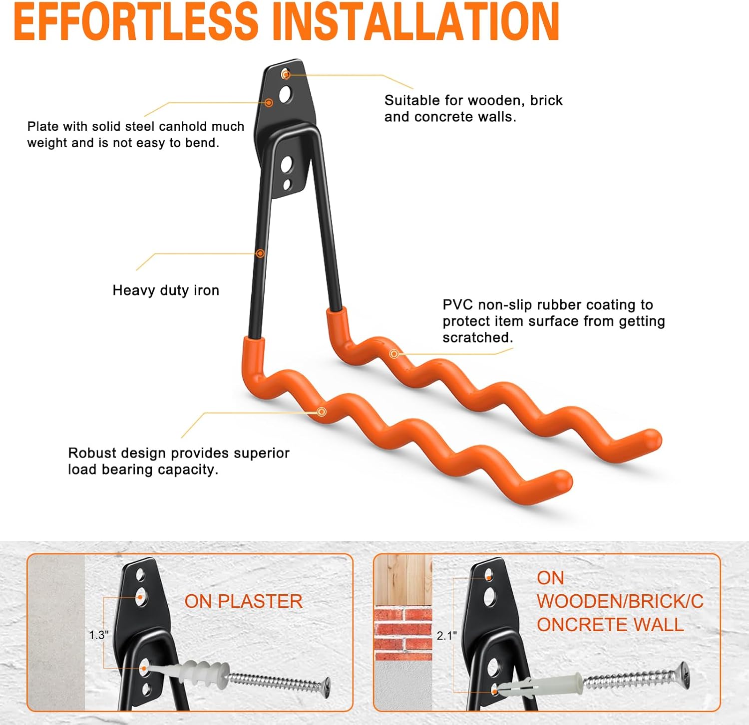 Heavy Duty Garage Hooks 4 Pack, 7.7 inch Wave Long Hanger, Wall Mounted Storage System, Power and Garden Tool Organizer, for Hanging Ladders, Bikes, Hose, Bulk Items and More-VerdiqueGarden