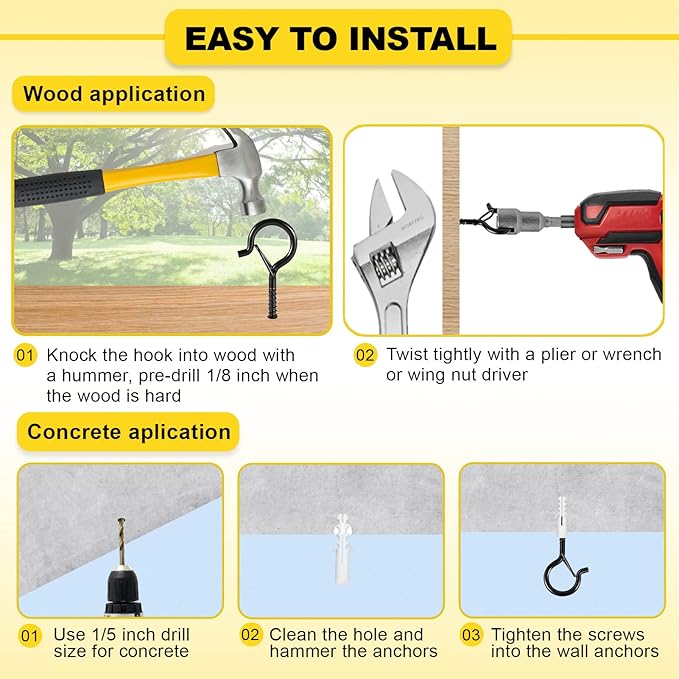 Hooks for Outdoor String Lights, 52 Pack Screw Hooks for Hanging Plants Led Party Lights Garage Wind Chimes, Black Heavy Duty Q Hanger Ceiling with Safety Buckle, Box and Wing Nut Driver-VerdiqueGarden