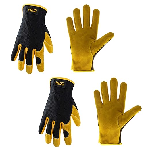 HLDD HANDLANDY 2 Pairs Leather Gardening Gloves for Men, Utility Work Gloves for Gardening, Yardwork, Construction, Mechanics, Great Garden Gifts for Men Women-VerdiqueGarden