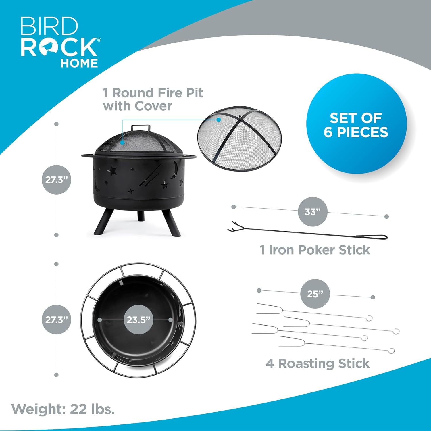 BIRDROCK HOME 30″ Round Wood-Burning Fire Pit – Portable Outdoor Patio & Garden Fire Bowl with Stars & Moon Cut-Outs, Spark Screen, Built-in Grate, 4 Roasting Sticks & Fire Poker - Black-VerdiqueGarden