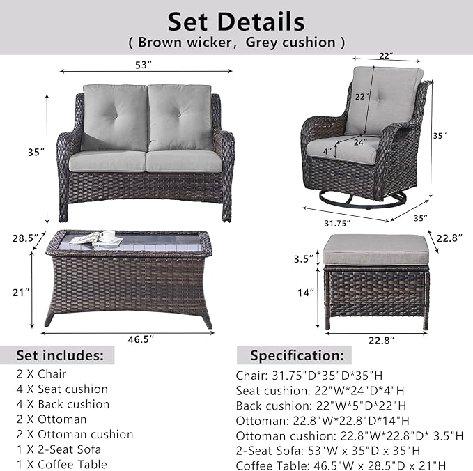 Wicker Outdoor Furniture Patio Furniture Set - 6 Piece Patio Conversation Set with Swivel Rocker Chairs, Loveseat Sofa, Ottomans and Coffee Table, Gray Cushion-VerdiqueGarden