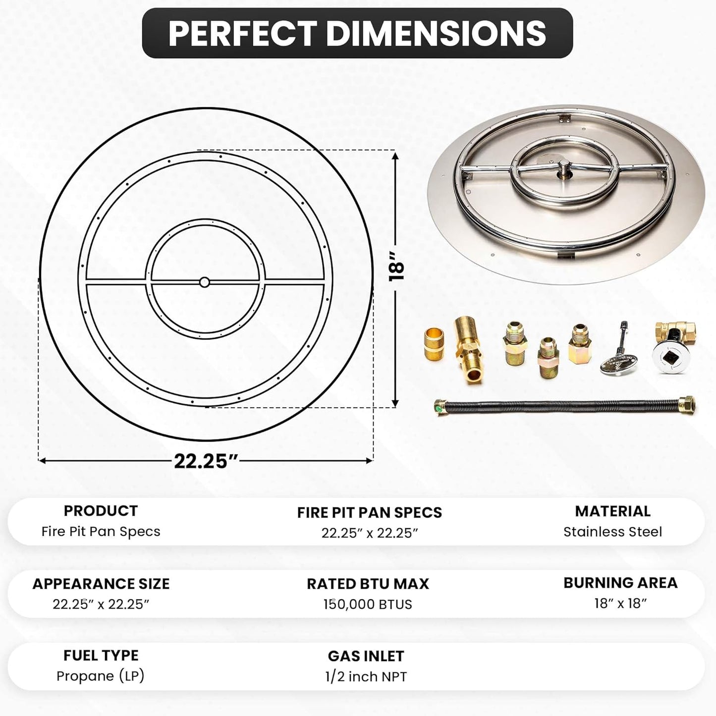 Fire Pit Burner Pan & Ring - Works with Liquid Propane - Stainless Steel Fire Pit Burner Kit 22-Inch Pan, 18-Inch Ring - 150,000 BTU Max-VerdiqueGarden