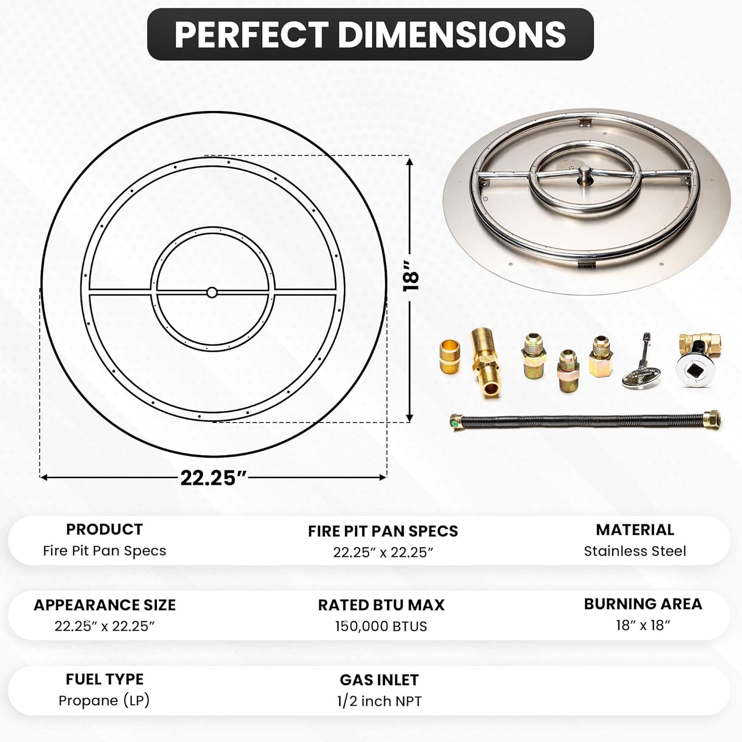 Fire Pit Burner Pan & Ring - Works with Liquid Propane - Stainless Steel Fire Pit Burner Kit 22-Inch Pan, 18-Inch Ring - 150,000 BTU Max-VerdiqueGarden
