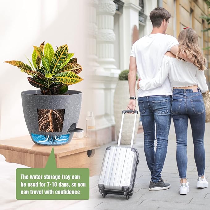 10/9/8 inch Self Watering Pots, Set of 3 Plastic Planters with Mesh Drainage Holes and Deep Reservoir for Indoor Outdoor Garden Plants and Flowers, Grey Speckles-VerdiqueGarden