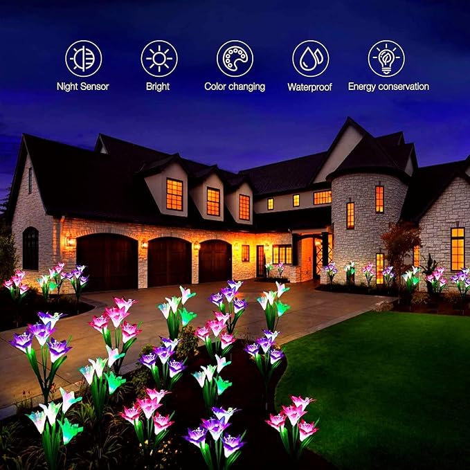 ANGMLN 4 Pack Solar Flowers Lights,16 Bigger Head Solar Lily Flowers, 7 Color Changing Pathway Lamps for Garden Patio Yard Party Wedding Holiday Outdoor Garden Stake Decoration(Purple2&White1&Pink1)-VerdiqueGarden