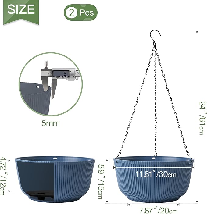 T4U 12 Inch Large Hanging Planters for Outdoor Plants, 2 Pack Self Watering Hanging Pots Indoor, Hanging Baskets for Plants,Hanging Flower Pot with Drainage Hole and Plant Hanger, Blue-VerdiqueGarden