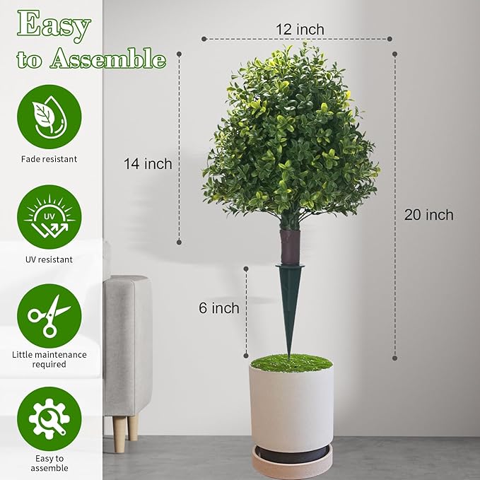 20" Artificial Boxwood Topiary Balls Trees with Ground Spike, 2 Pack UV Resistant Artificial Shrubs, Fake Evergreen Artificial Plant Brush for Indoor Outdoor Front Porch Garden-VerdiqueGarden