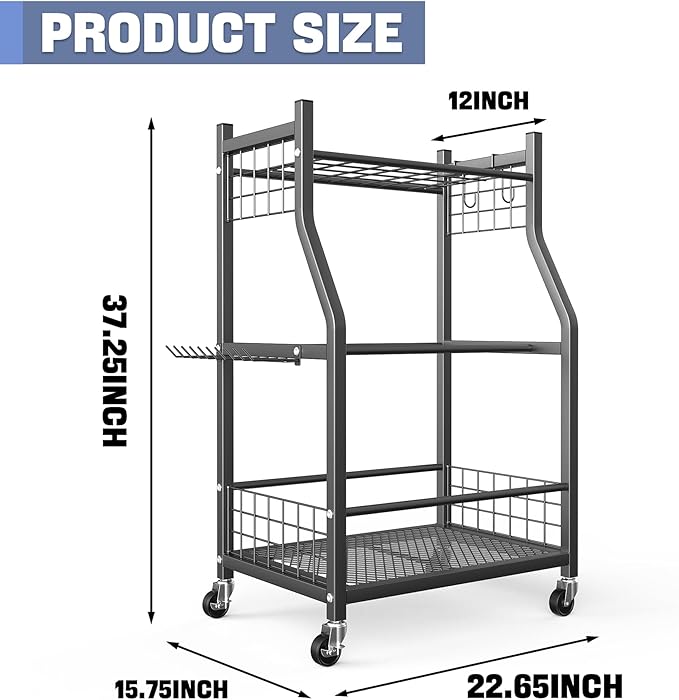 WALMANN Garden Tool Organizer with Wheels for Garage, Rakes/Shovels/Yard Tools Storage Stand for Garden, Shed, Indoor/Outdoor Long-Handled Tools Rolling Cart-VerdiqueGarden