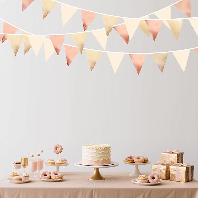 Rose Gold Champagne Gold Beige Party Decorations Metallic Fabric Triangle Flag Pennant Banner Garland Bunting for Engagement Bridal Shower Wedding Birthday Baby Shower Graduation Decoration Supplies-VerdiqueGarden